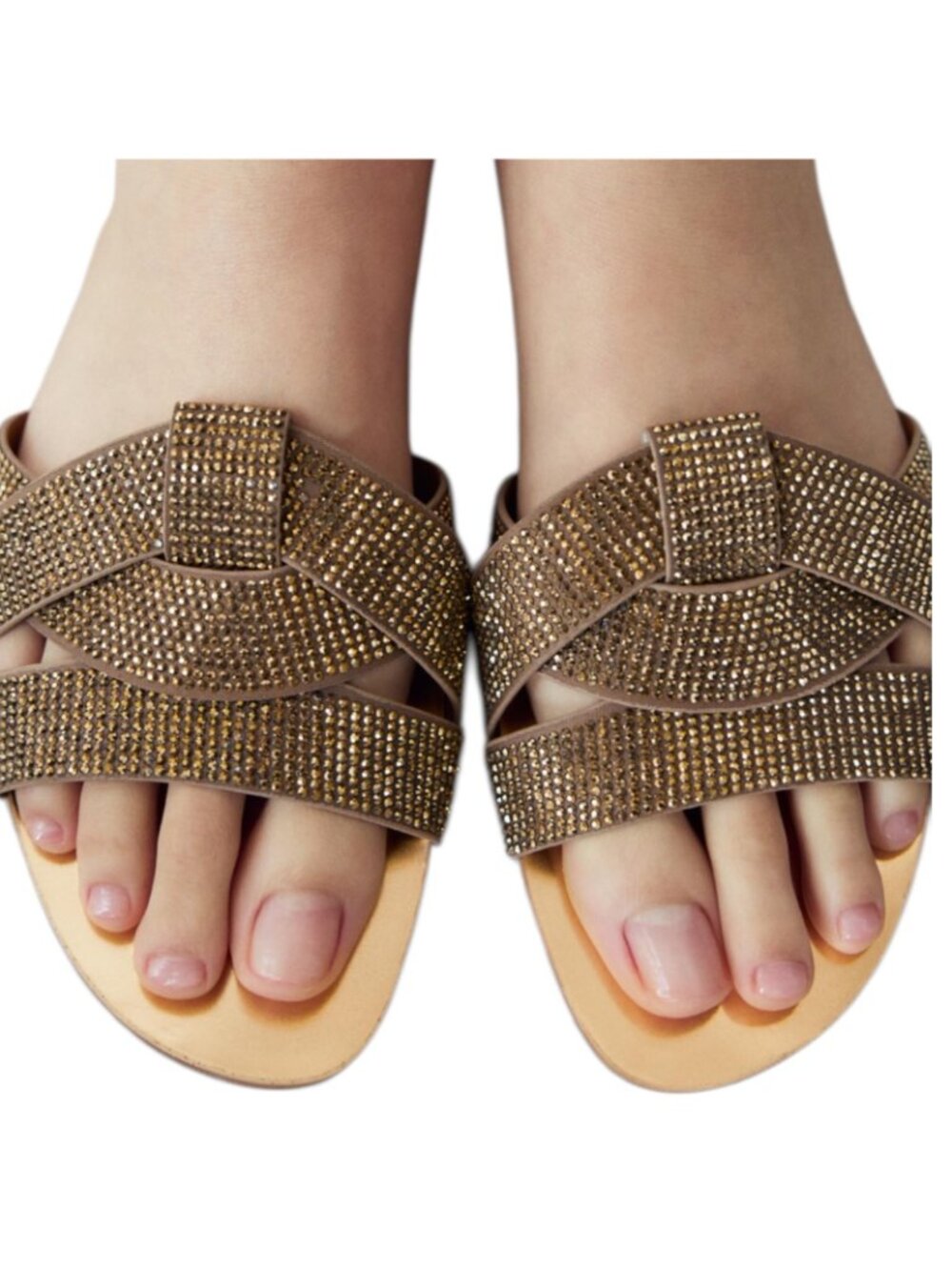 ZARA Womens Gold Rhinestone Slide Sandals Size 35 New